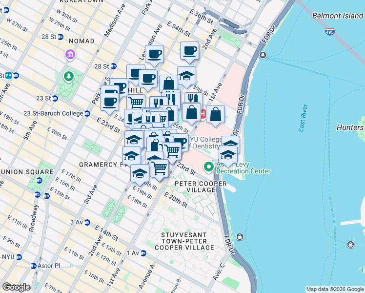 map of restaurants, bars, coffee shops, grocery stores, and more near 421 1st Avenue in New York