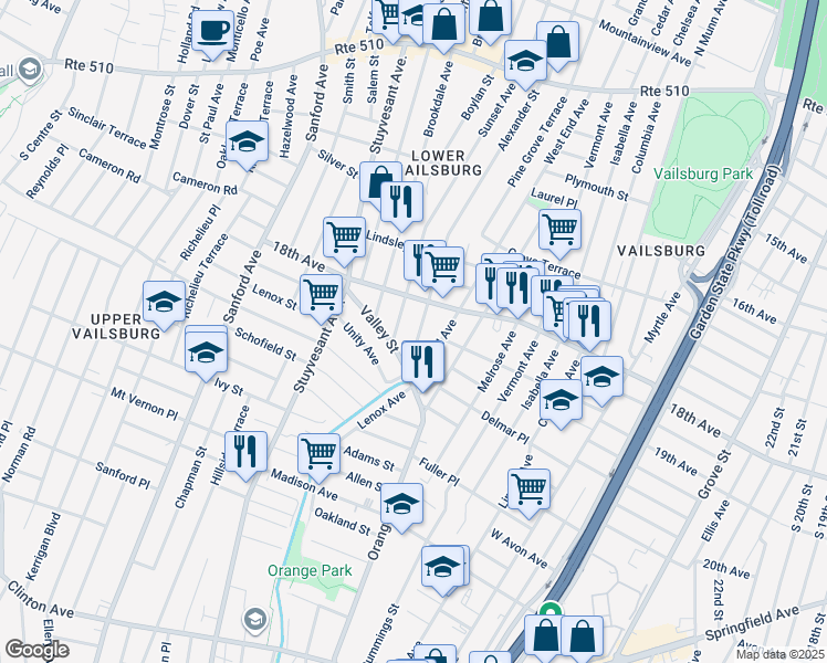 map of restaurants, bars, coffee shops, grocery stores, and more near 223 Sunset Avenue in Newark