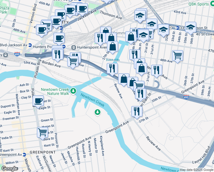 map of restaurants, bars, coffee shops, grocery stores, and more near 28-20 Borden Avenue in Queens