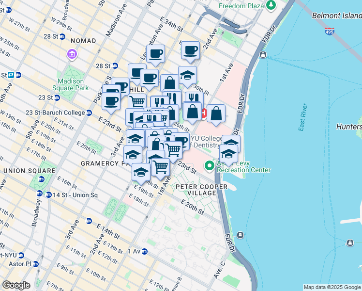 map of restaurants, bars, coffee shops, grocery stores, and more near 335 East 24th Street in New York