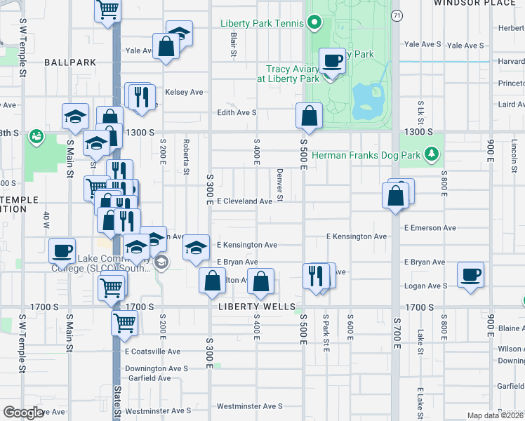 map of restaurants, bars, coffee shops, grocery stores, and more near 417 Cleveland Avenue South in Salt Lake City