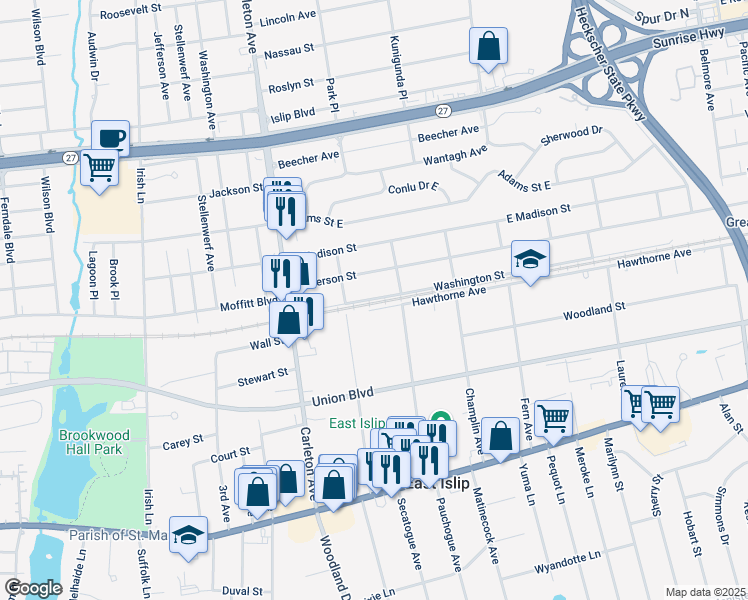 map of restaurants, bars, coffee shops, grocery stores, and more near 27 Washington Street in East Islip