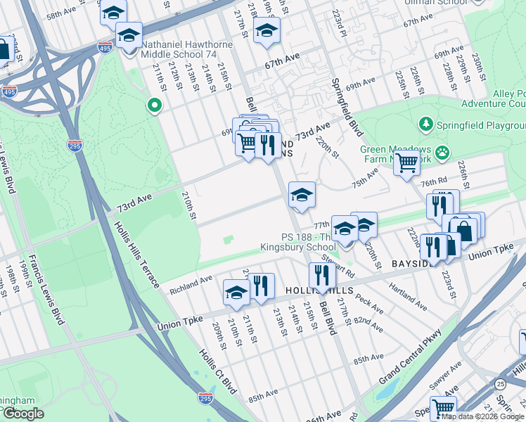 map of restaurants, bars, coffee shops, grocery stores, and more near 213-06 75th Avenue in Queens
