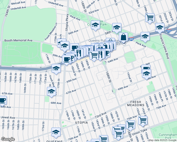 map of restaurants, bars, coffee shops, grocery stores, and more near 185-6 64th Avenue in Queens