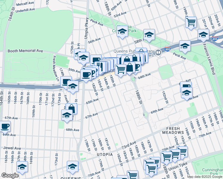 map of restaurants, bars, coffee shops, grocery stores, and more near 61-39 184th Street in Queens