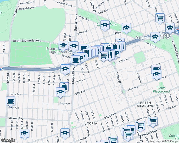 map of restaurants, bars, coffee shops, grocery stores, and more near 61-39 184th Street in Queens