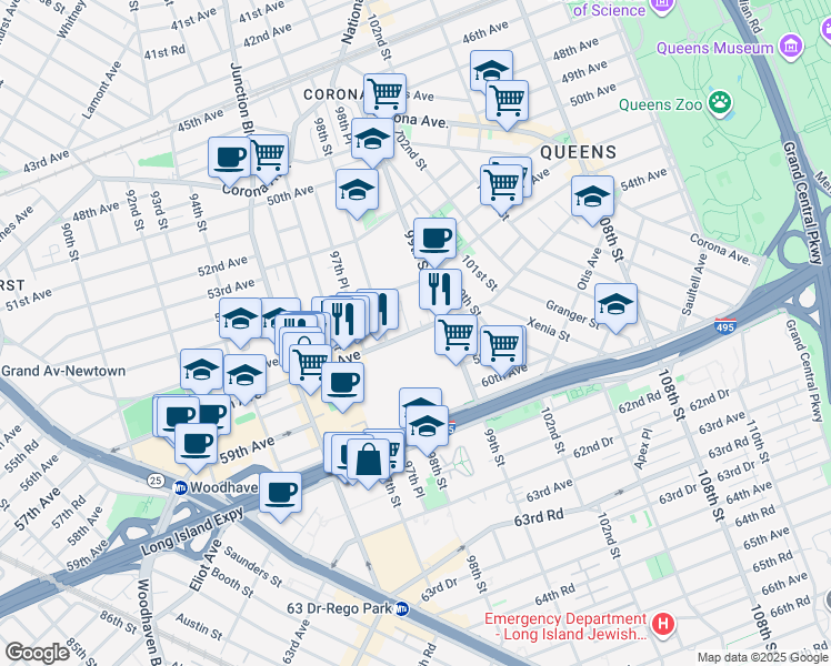 map of restaurants, bars, coffee shops, grocery stores, and more near 55-25 98th Place in Queens
