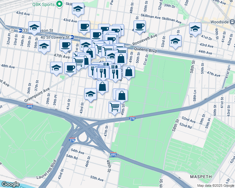 map of restaurants, bars, coffee shops, grocery stores, and more near 48-21 47th Street in Queens