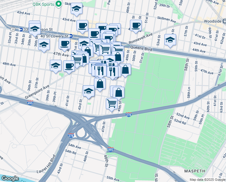 map of restaurants, bars, coffee shops, grocery stores, and more near 48-21 47th Street in Queens