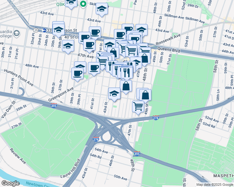 map of restaurants, bars, coffee shops, grocery stores, and more near 48-39 44th Street in Queens