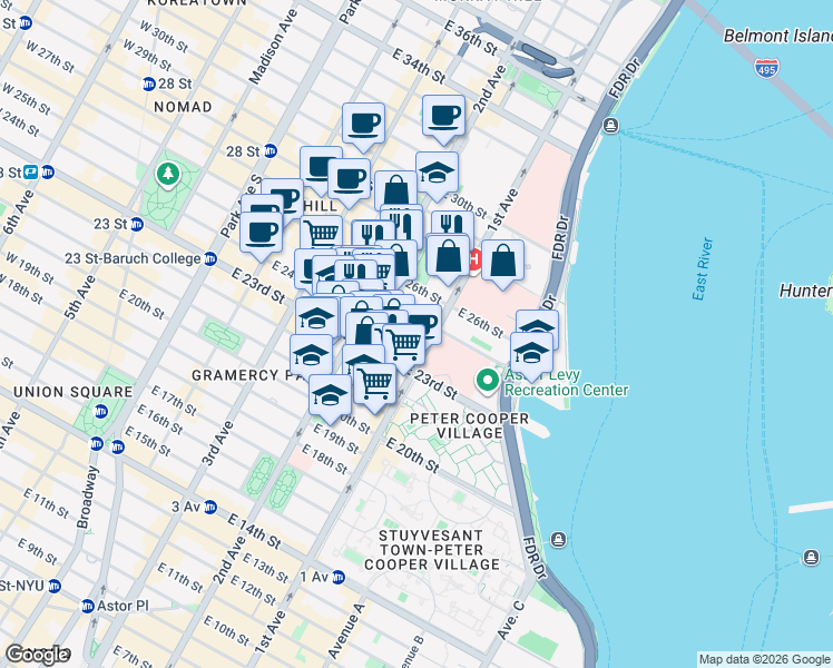 map of restaurants, bars, coffee shops, grocery stores, and more near 334 East 25th Street in New York