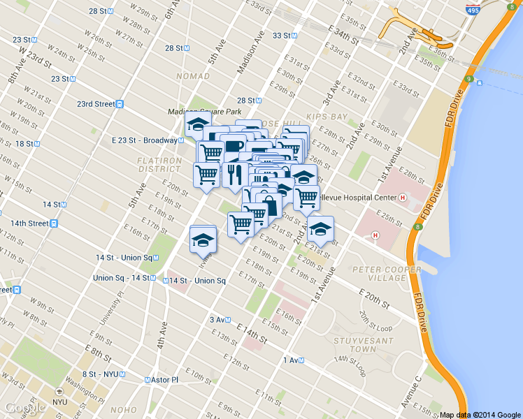 map of restaurants, bars, coffee shops, grocery stores, and more near 17 Lexington Avenue in New York