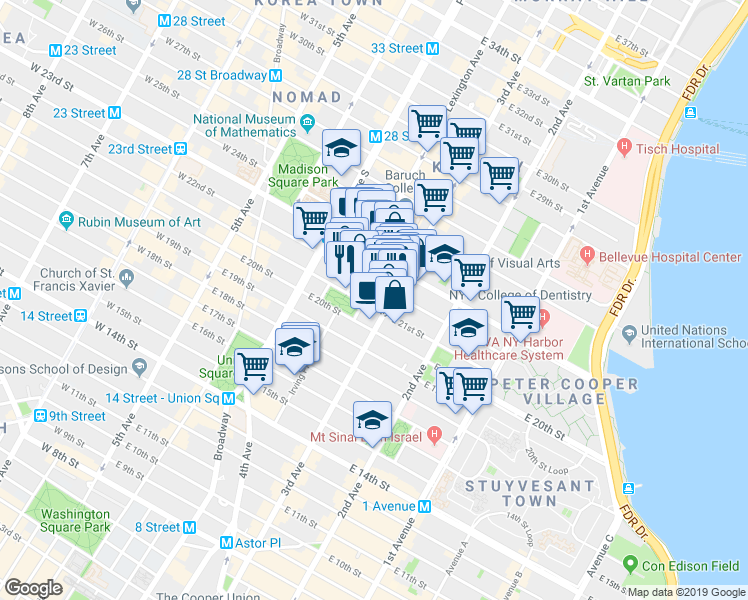 map of restaurants, bars, coffee shops, grocery stores, and more near 17 Lexington Avenue in New York