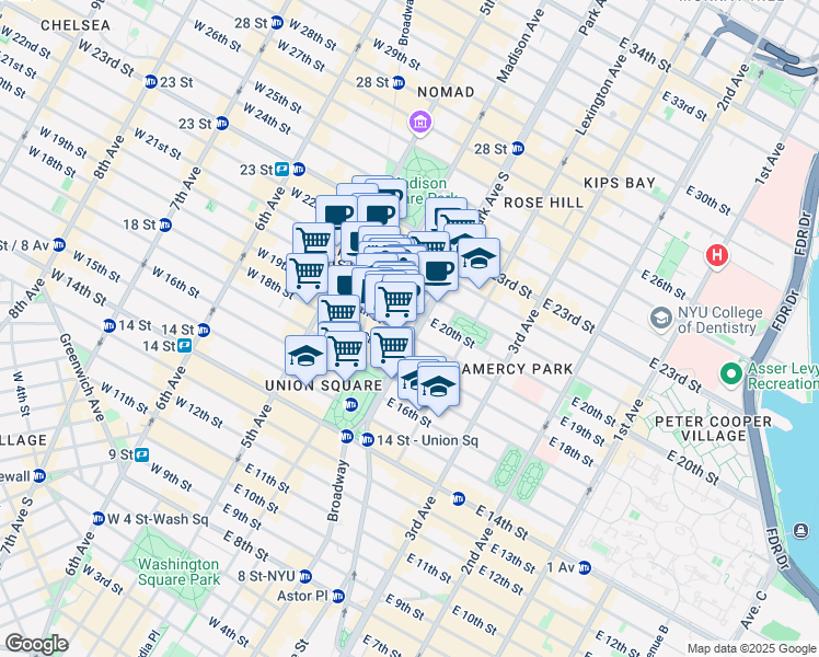 map of restaurants, bars, coffee shops, grocery stores, and more near 30 East 20th Street in New York