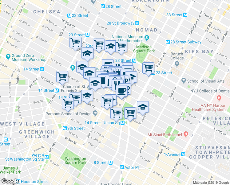 map of restaurants, bars, coffee shops, grocery stores, and more near in New York