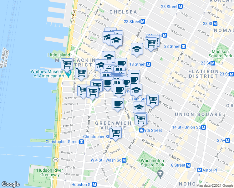 map of restaurants, bars, coffee shops, grocery stores, and more near 121 Greenwich Avenue in New York