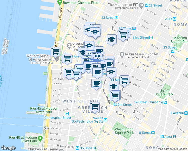 map of restaurants, bars, coffee shops, grocery stores, and more near 121 Greenwich Avenue in New York