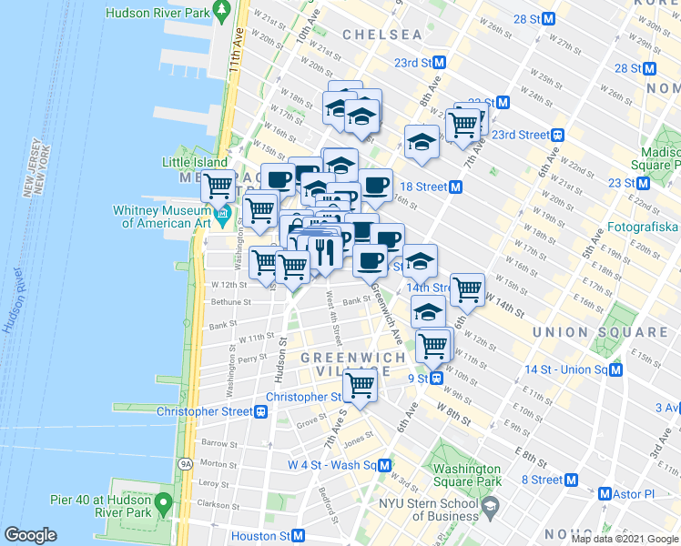 map of restaurants, bars, coffee shops, grocery stores, and more near 41 Jane Street in New York