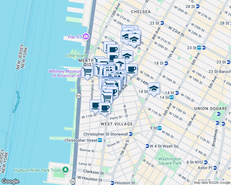 map of restaurants, bars, coffee shops, grocery stores, and more near 616 Hudson Street in New York