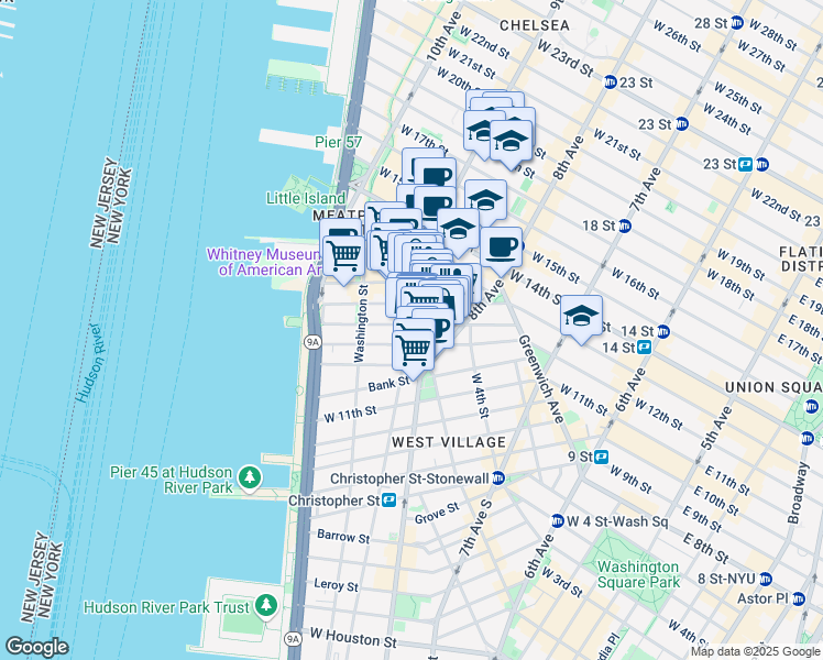 map of restaurants, bars, coffee shops, grocery stores, and more near 616 Hudson Street in New York