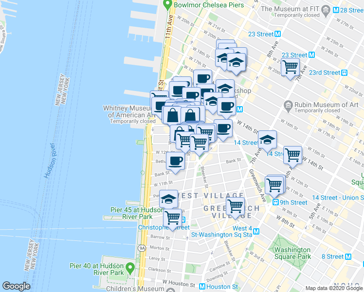 map of restaurants, bars, coffee shops, grocery stores, and more near 842-846 Greenwich Street in New York