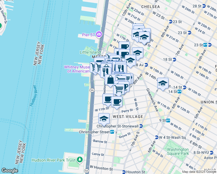 map of restaurants, bars, coffee shops, grocery stores, and more near 842-846 Greenwich Street in New York