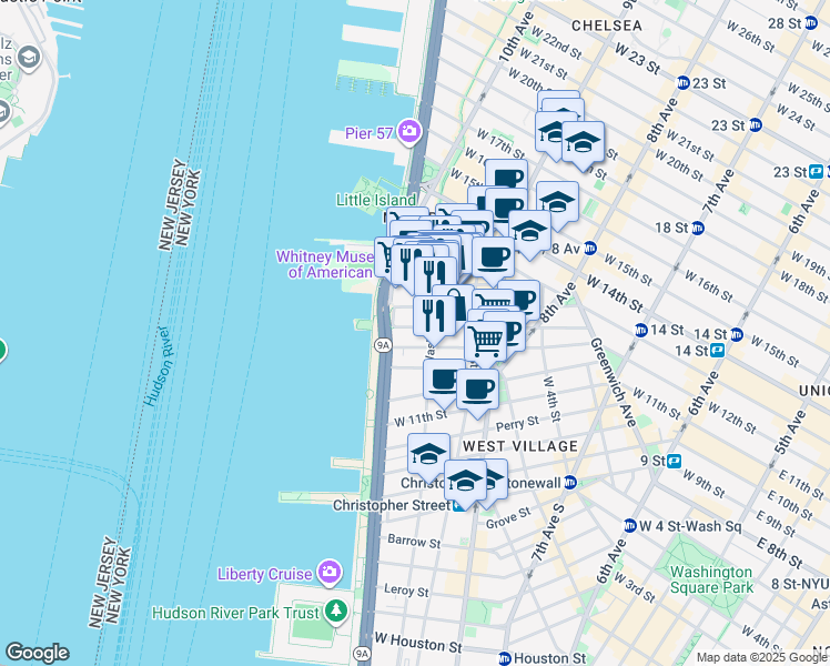 map of restaurants, bars, coffee shops, grocery stores, and more near 809 Washington Street in New York
