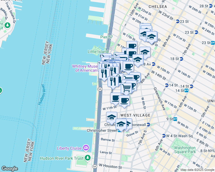 map of restaurants, bars, coffee shops, grocery stores, and more near 99 Jane Street in New York