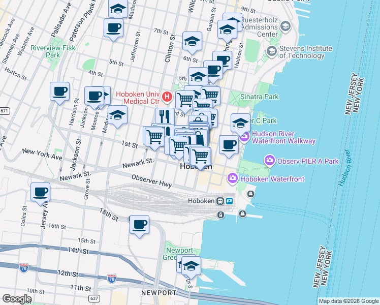 map of restaurants, bars, coffee shops, grocery stores, and more near in Hoboken