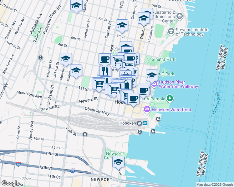 map of restaurants, bars, coffee shops, grocery stores, and more near in Hoboken
