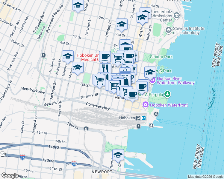 map of restaurants, bars, coffee shops, grocery stores, and more near in Hoboken