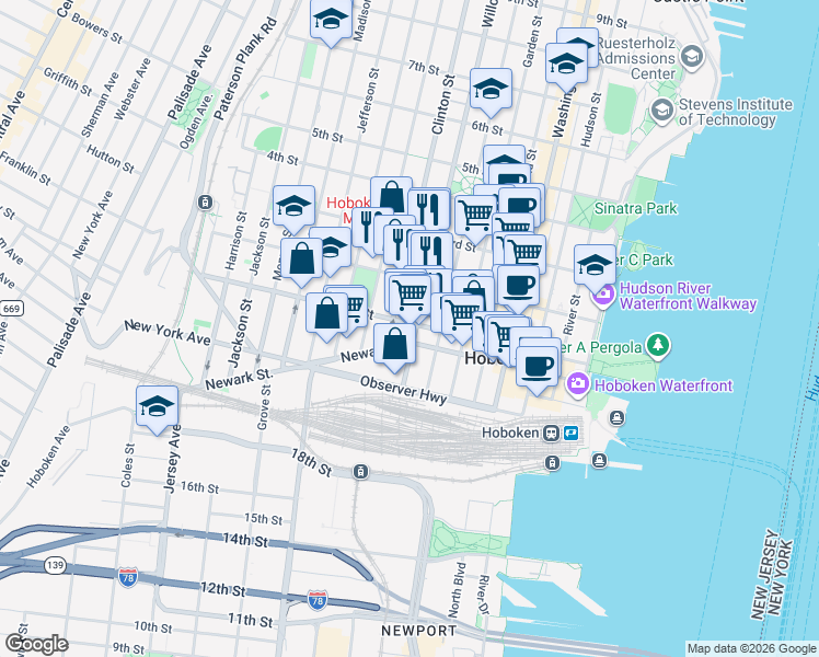 map of restaurants, bars, coffee shops, grocery stores, and more near in Hoboken
