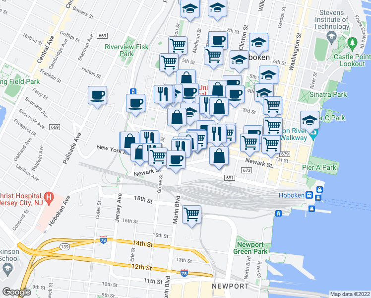 map of restaurants, bars, coffee shops, grocery stores, and more near 92 Jefferson Street in Hoboken