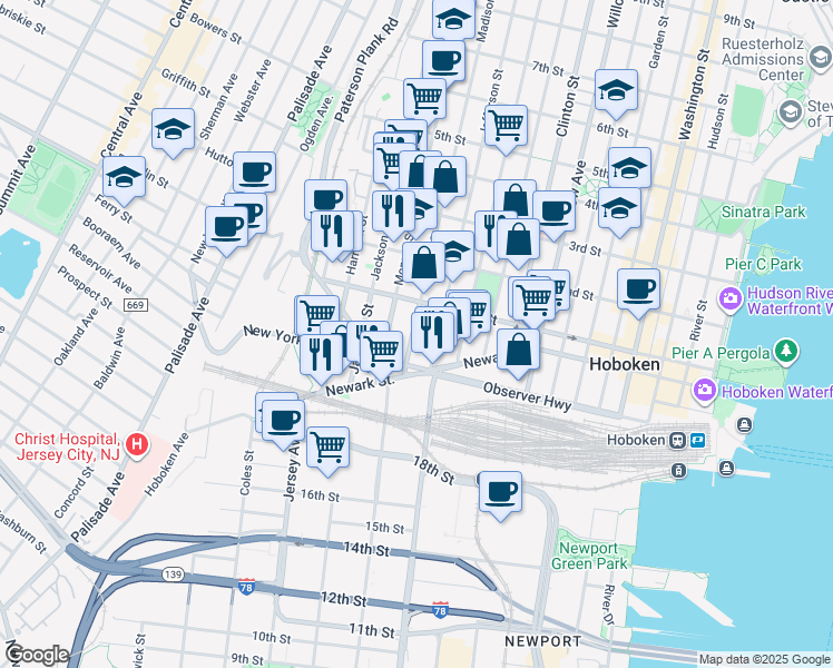 map of restaurants, bars, coffee shops, grocery stores, and more near 83 Monroe Street in Hoboken