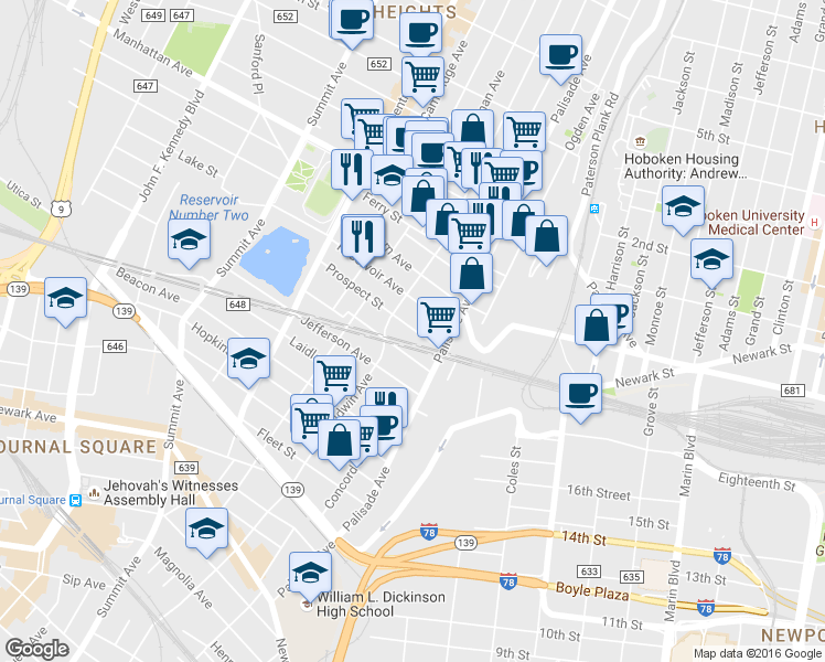 map of restaurants, bars, coffee shops, grocery stores, and more near in Jersey City
