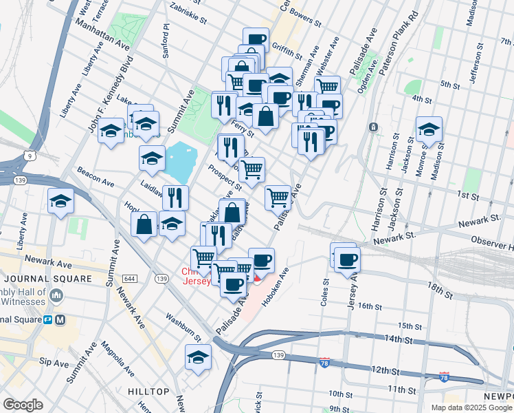 map of restaurants, bars, coffee shops, grocery stores, and more near in Jersey City