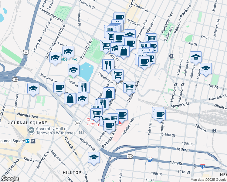 map of restaurants, bars, coffee shops, grocery stores, and more near in Jersey City