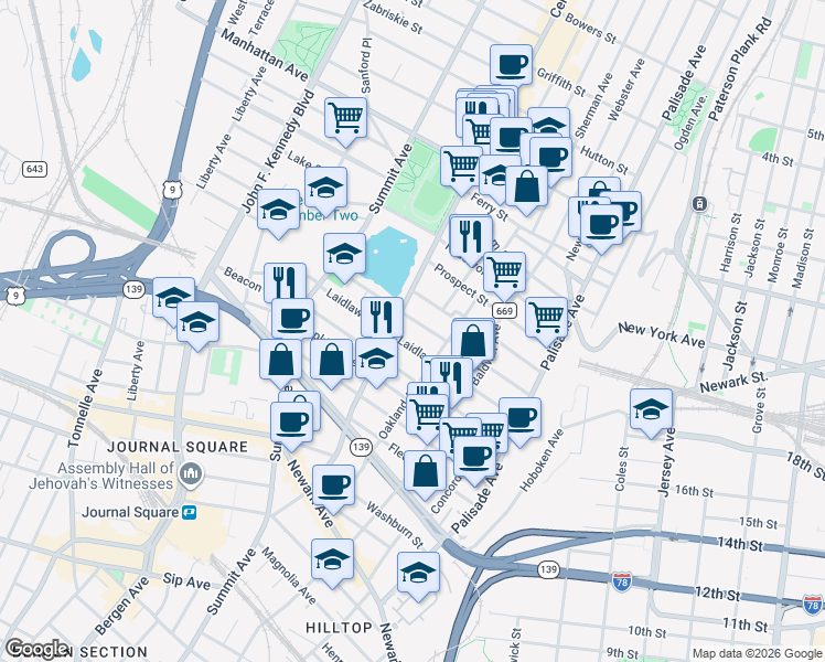 map of restaurants, bars, coffee shops, grocery stores, and more near 107 Waverly Street in Jersey City