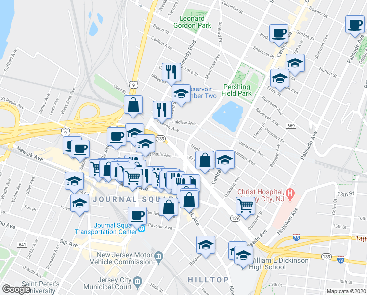 map of restaurants, bars, coffee shops, grocery stores, and more near 203 Hopkins Avenue in Jersey City