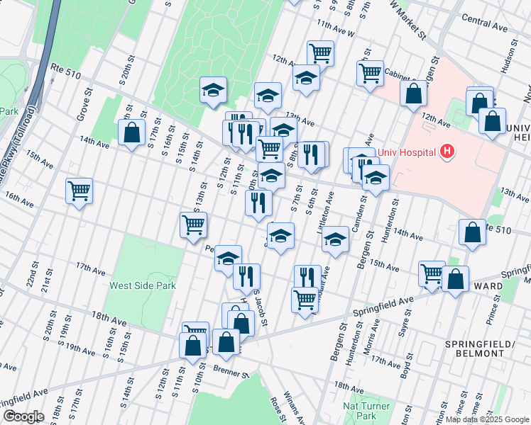 map of restaurants, bars, coffee shops, grocery stores, and more near 371 South 9th Street in Newark
