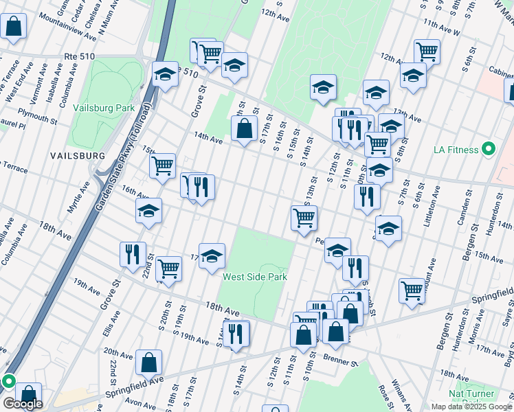 map of restaurants, bars, coffee shops, grocery stores, and more near 512 South 17th Street in Newark