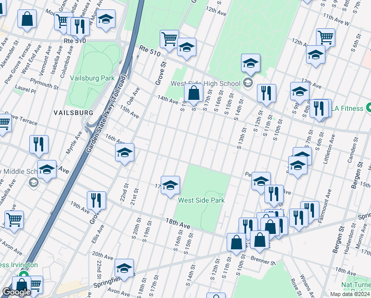 map of restaurants, bars, coffee shops, grocery stores, and more near 525 South 18th Street in Newark