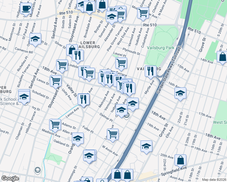 map of restaurants, bars, coffee shops, grocery stores, and more near 902 18th Avenue in Newark