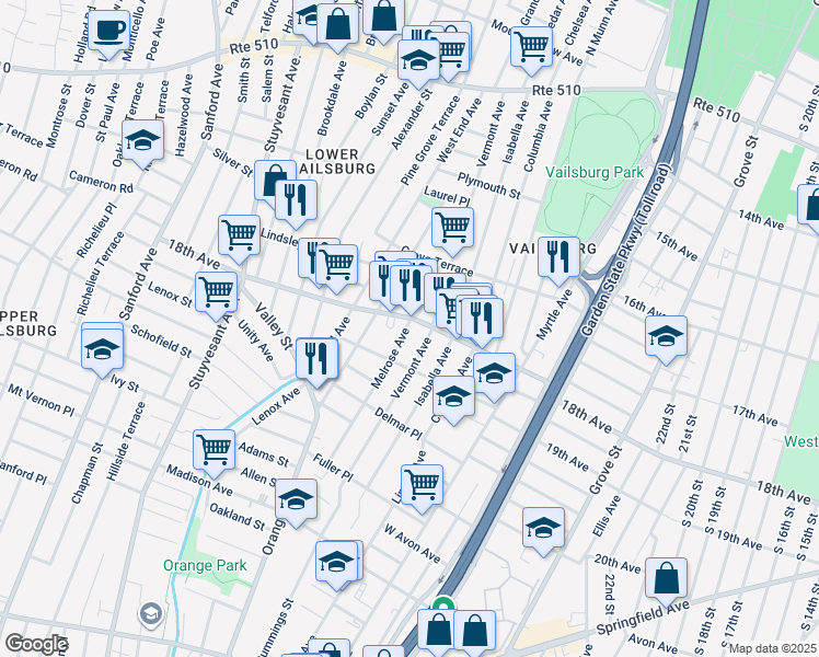 map of restaurants, bars, coffee shops, grocery stores, and more near 902 18th Avenue in Newark