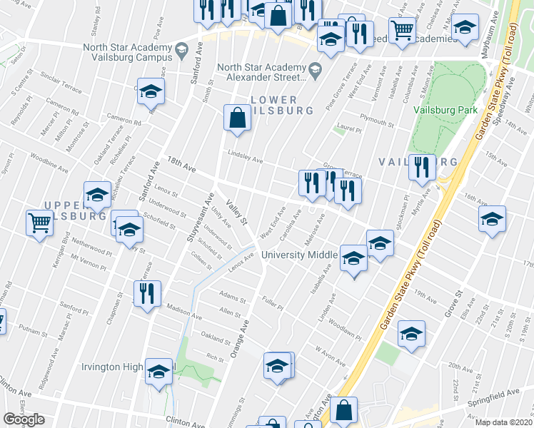 map of restaurants, bars, coffee shops, grocery stores, and more near 212 Alexander Street in Newark
