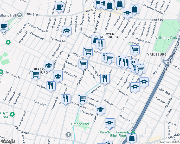 map of restaurants, bars, coffee shops, grocery stores, and more near 70 Valley Street in Newark