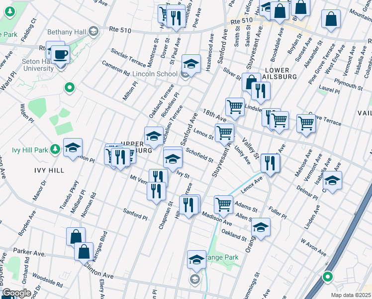 map of restaurants, bars, coffee shops, grocery stores, and more near 130 Underwood Street in Newark