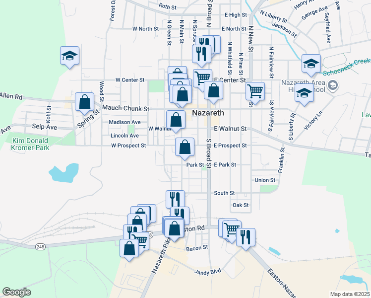 map of restaurants, bars, coffee shops, grocery stores, and more near 172 South Main Street in Nazareth