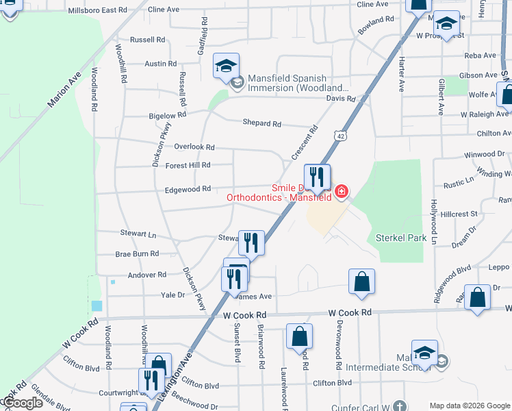 map of restaurants, bars, coffee shops, grocery stores, and more near 405 Edgewood Road in Mansfield