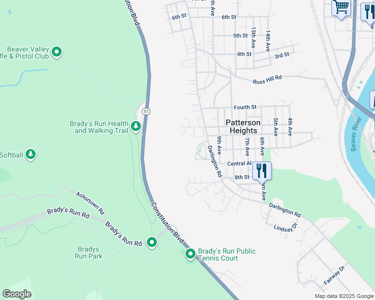 map of restaurants, bars, coffee shops, grocery stores, and more near 71 Darlington Road in Beaver Falls